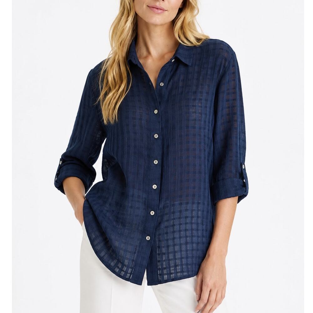 J. Jill Check Semi-Sheer Gingham Cotton Shirt Navy Blue Petite Size MP